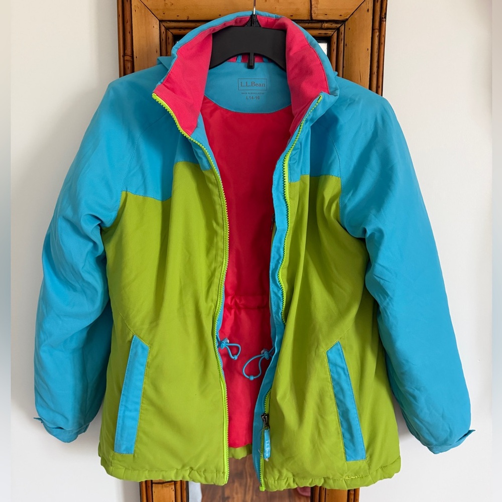 LL Bean kids spring jacket coat green blue pink hood large 14 16